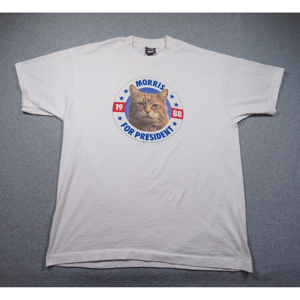 Vintage Morris the Cat For President Shirt Mens XLarge White 80s Tee 1988 Adult - Picture 1 of 8
